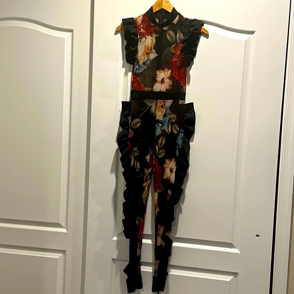 (S) fashion Nova multi colored mesh jumpsuit with Ruffle trim